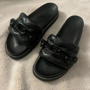 Louis Vuitton Leather Chain-Link Accents Slides